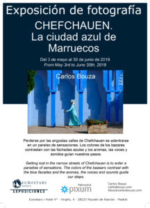 Cartel exposición Chefchauen, la ciudad azul de Marruecos en Eurostars i-Hotel de Pozuelo de Alarcón